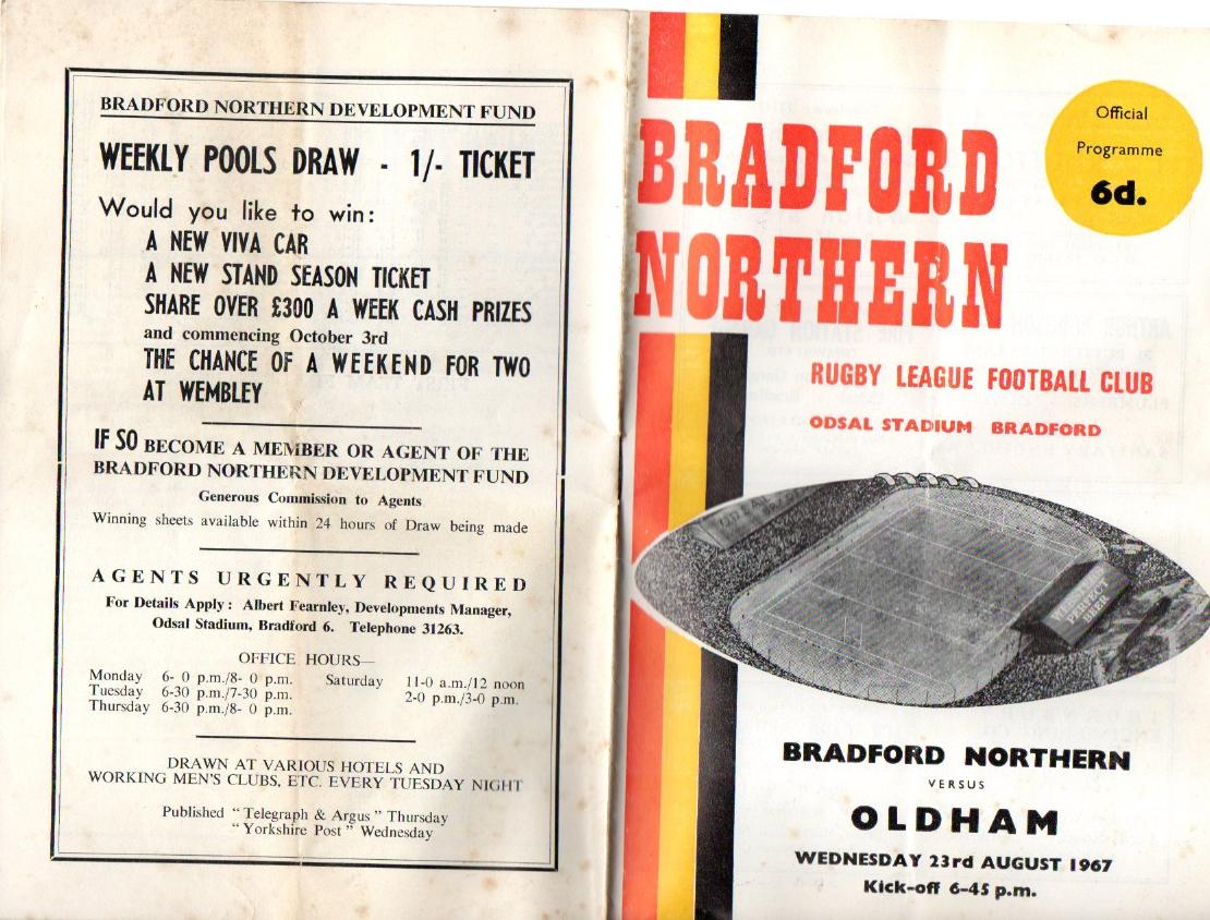 Programme cover: Oldham v Bradford Northern, 23 August 1967