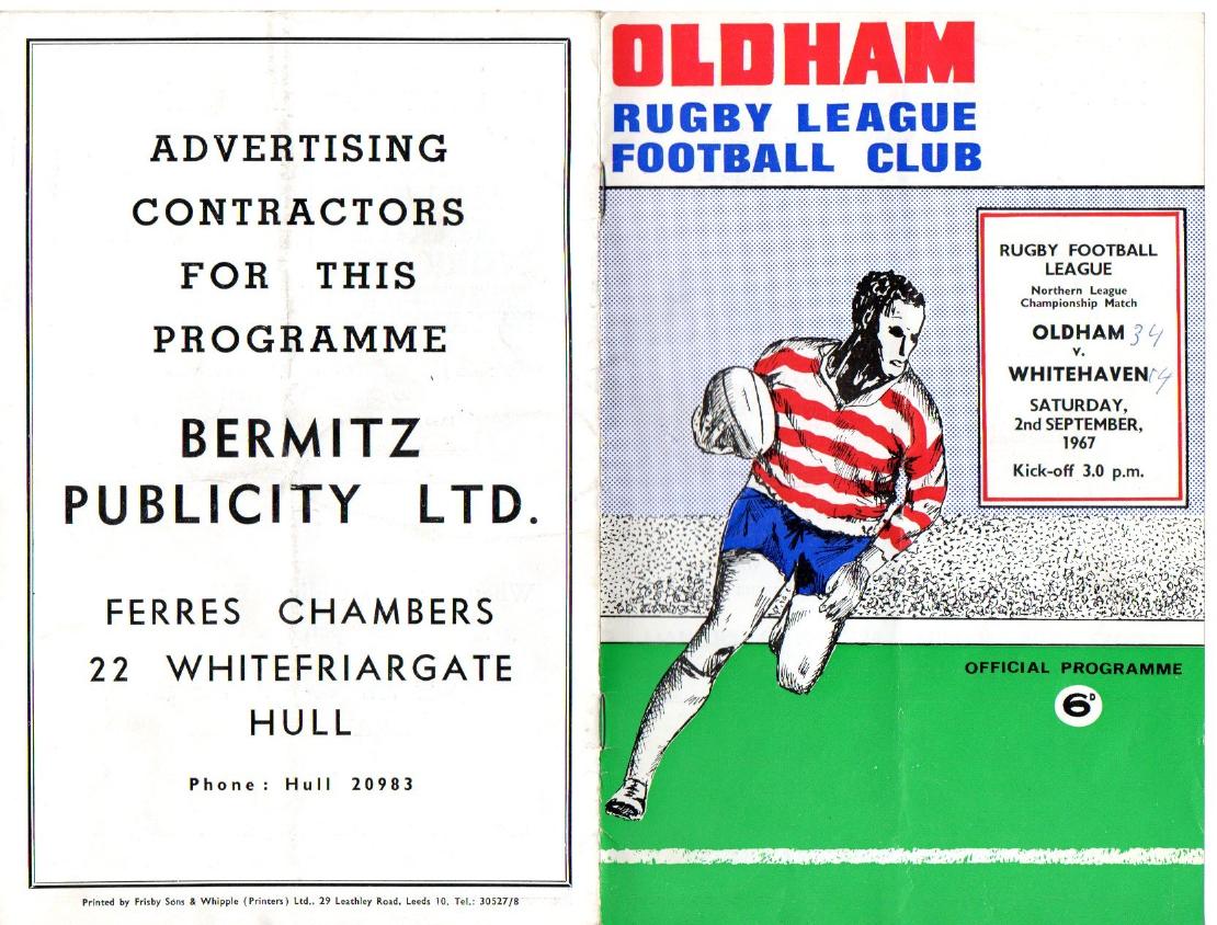 Programme cover: Oldham v Whitehaven, 2 September 1967