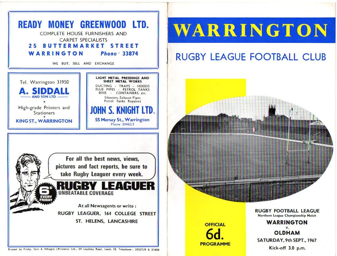 Programme cover: Oldham v Warrington, 9 September 1967