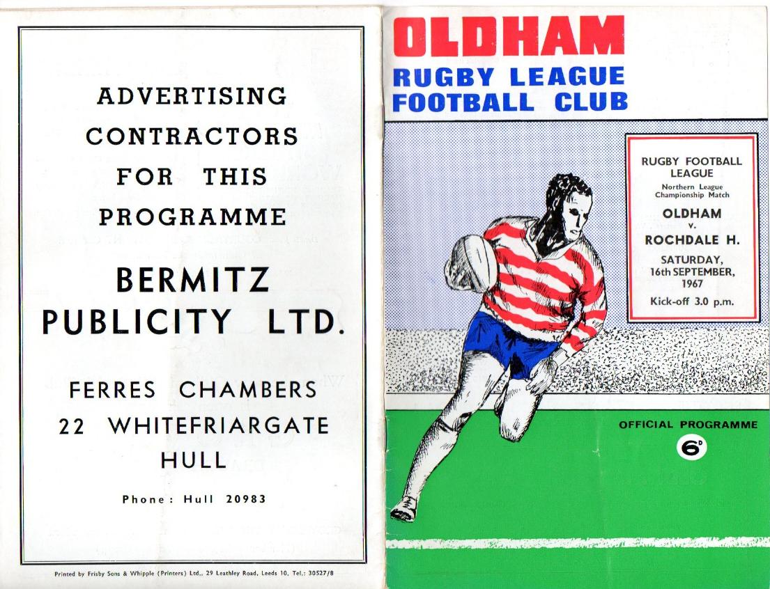 Programme cover: Oldham v Rochdale Hornets, 16 September 1967