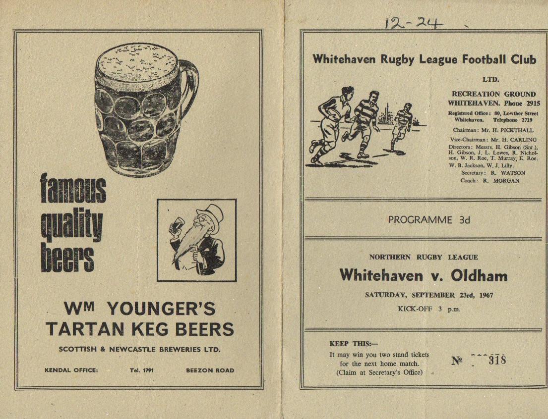 Programme cover: Oldham v Whitehaven, 23 September 1967