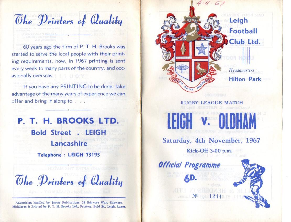 Programme cover: Oldham v Leigh, 4 November 1967