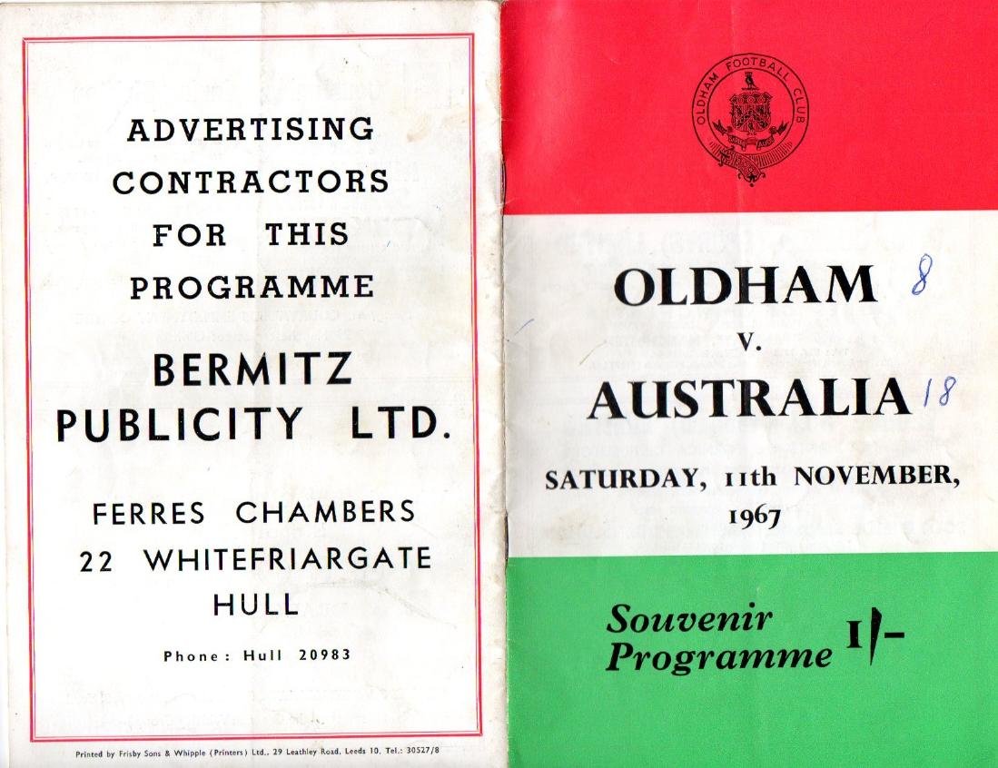 Programme cover: Oldham v Australia, 11 November 1967