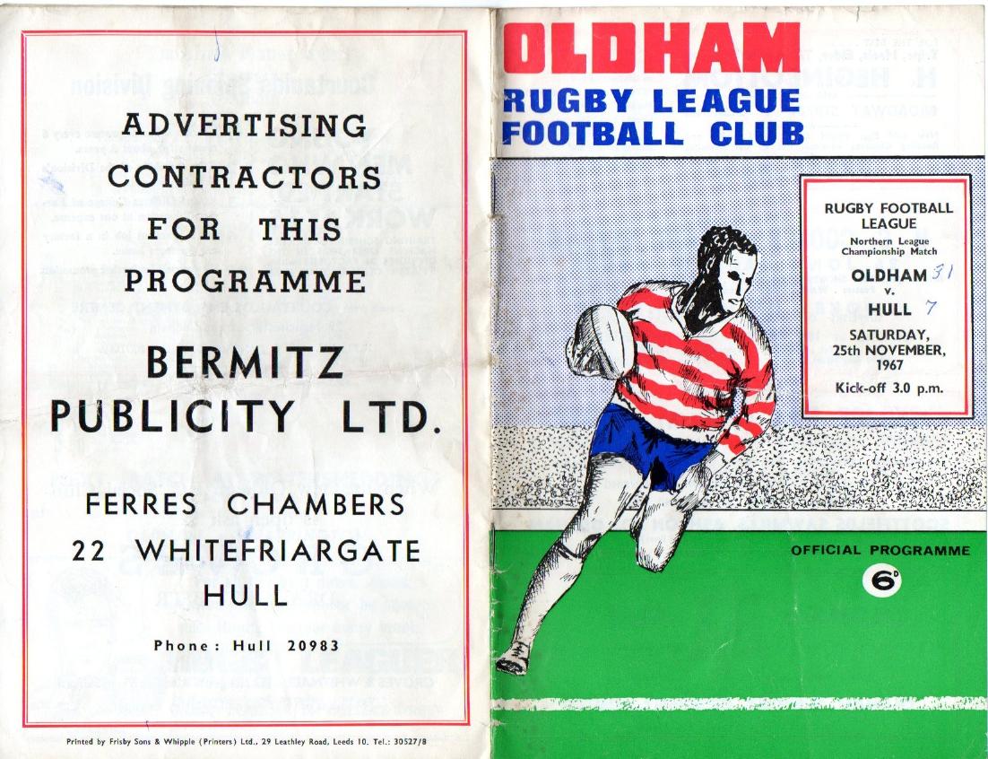 Programme cover: Oldham v Hull FC, 25 November 1967