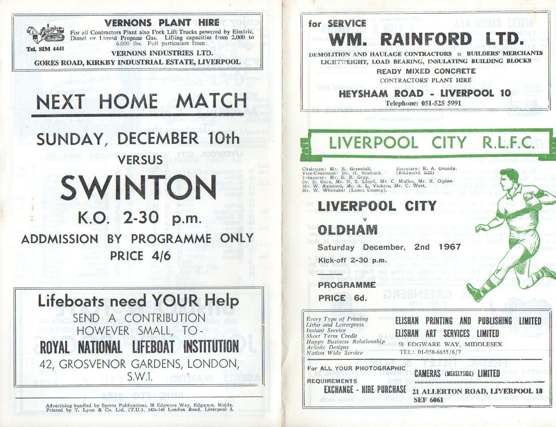 Programme cover: Oldham v Liverpool City, 2 December 1967