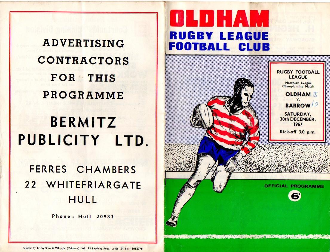 Programme cover: Oldham v Barrow, 30 December 1967