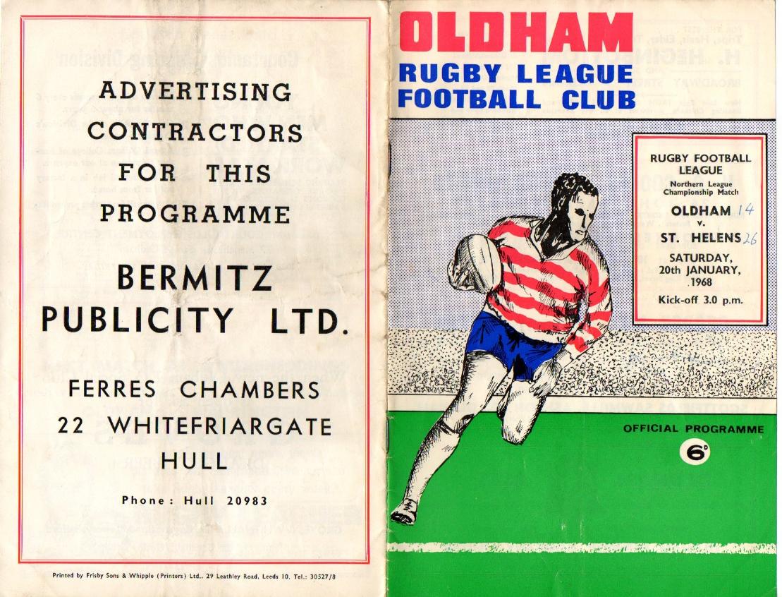 Programme cover: Oldham v St Helens, 20 January 1968