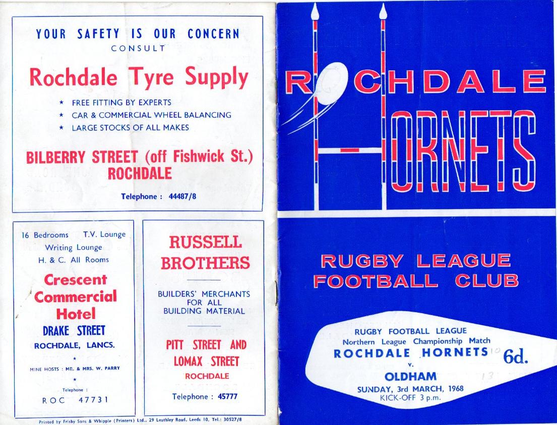 Programme cover: Oldham v Rochdale Hornets, 3 March 1968