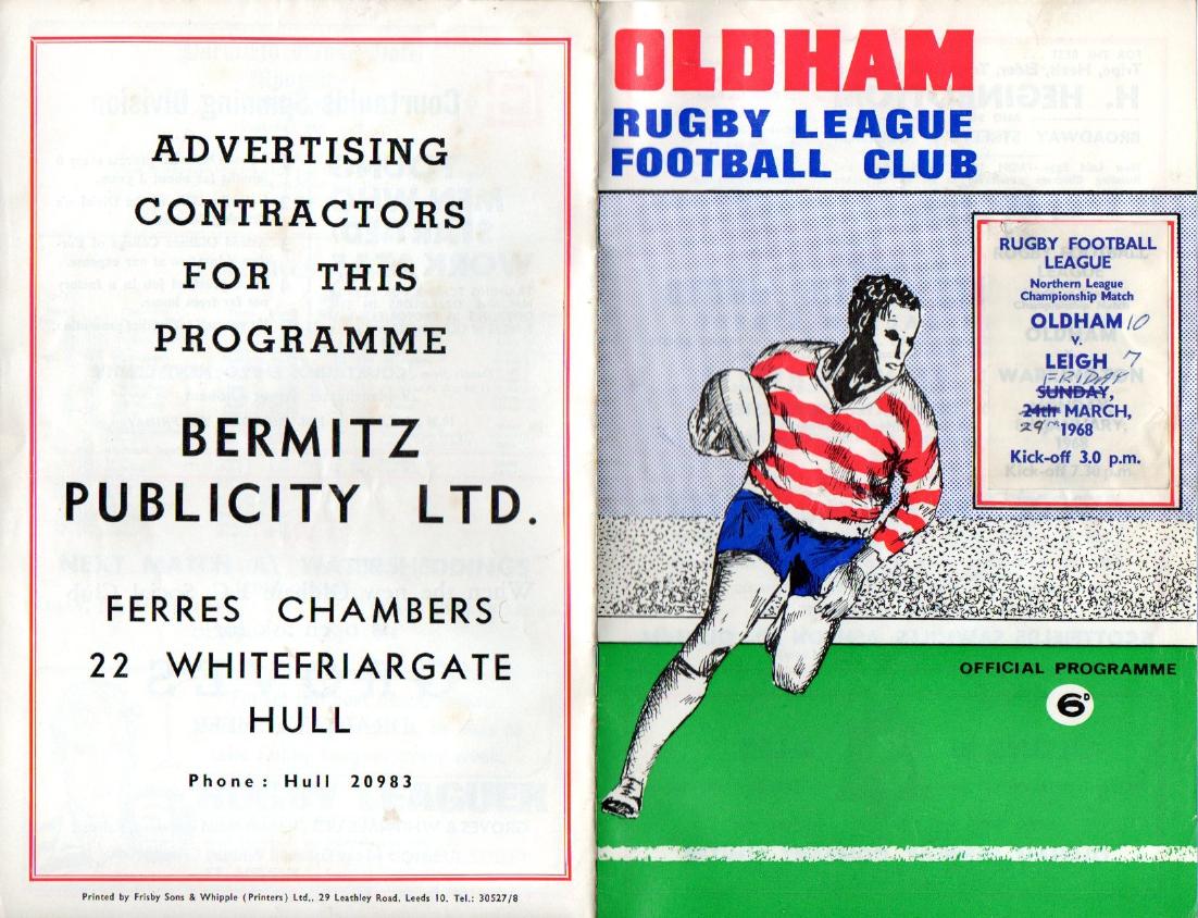 Programme cover: Oldham v Leigh, 29 March 1968