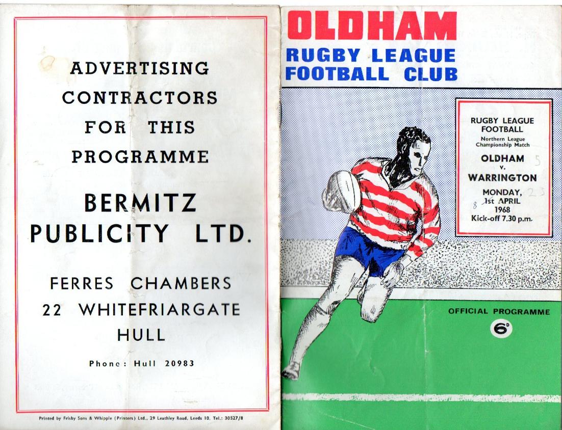 Programme cover: Oldham v Warrington, 8 April 1968