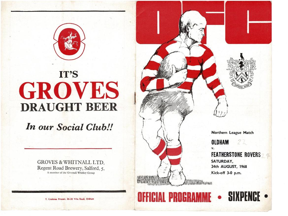 Programme cover: Oldham v Featherstone Rovers, 24 August 1968