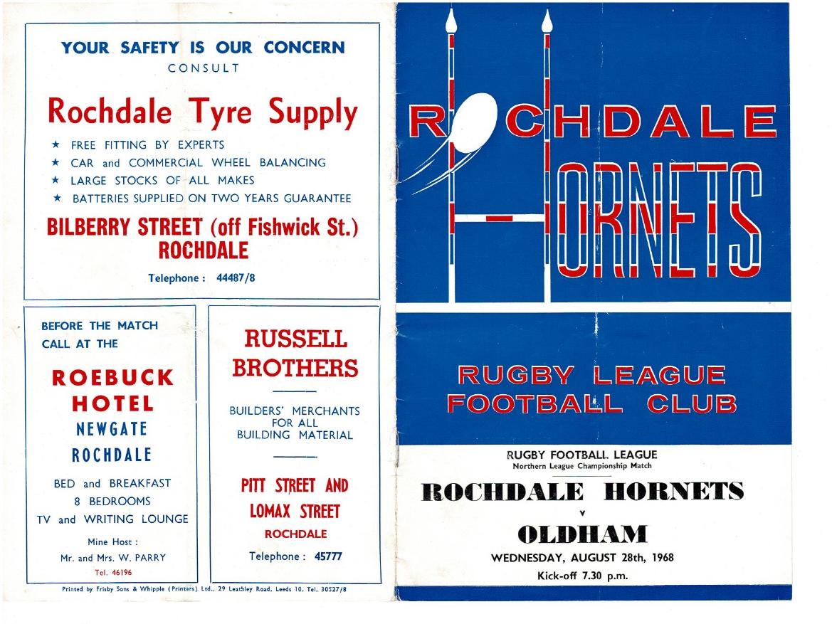 Programme cover: Oldham v Rochdale Hornets, 28 August 1968