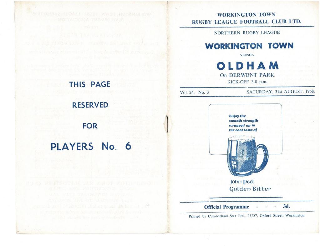 Programme cover: Oldham v Workington Town, 31 August 1968
