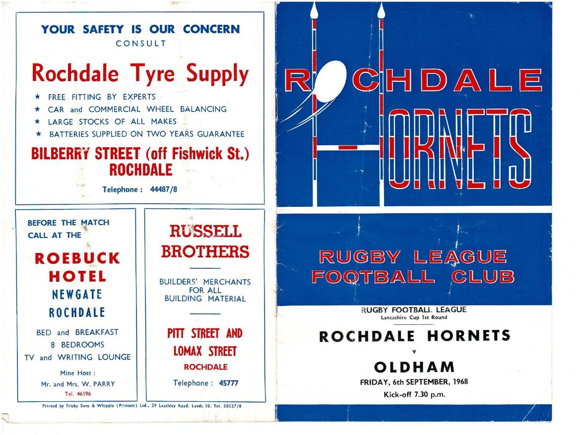 Programme cover: Oldham v Rochdale Hornets, 6 September 1968