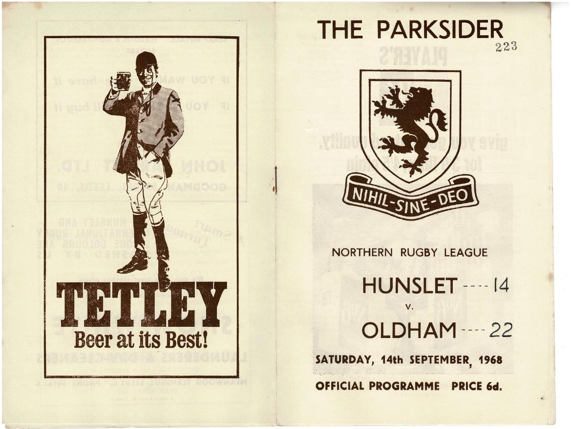 Programme cover: Oldham v Hunslet, 14 September 1968