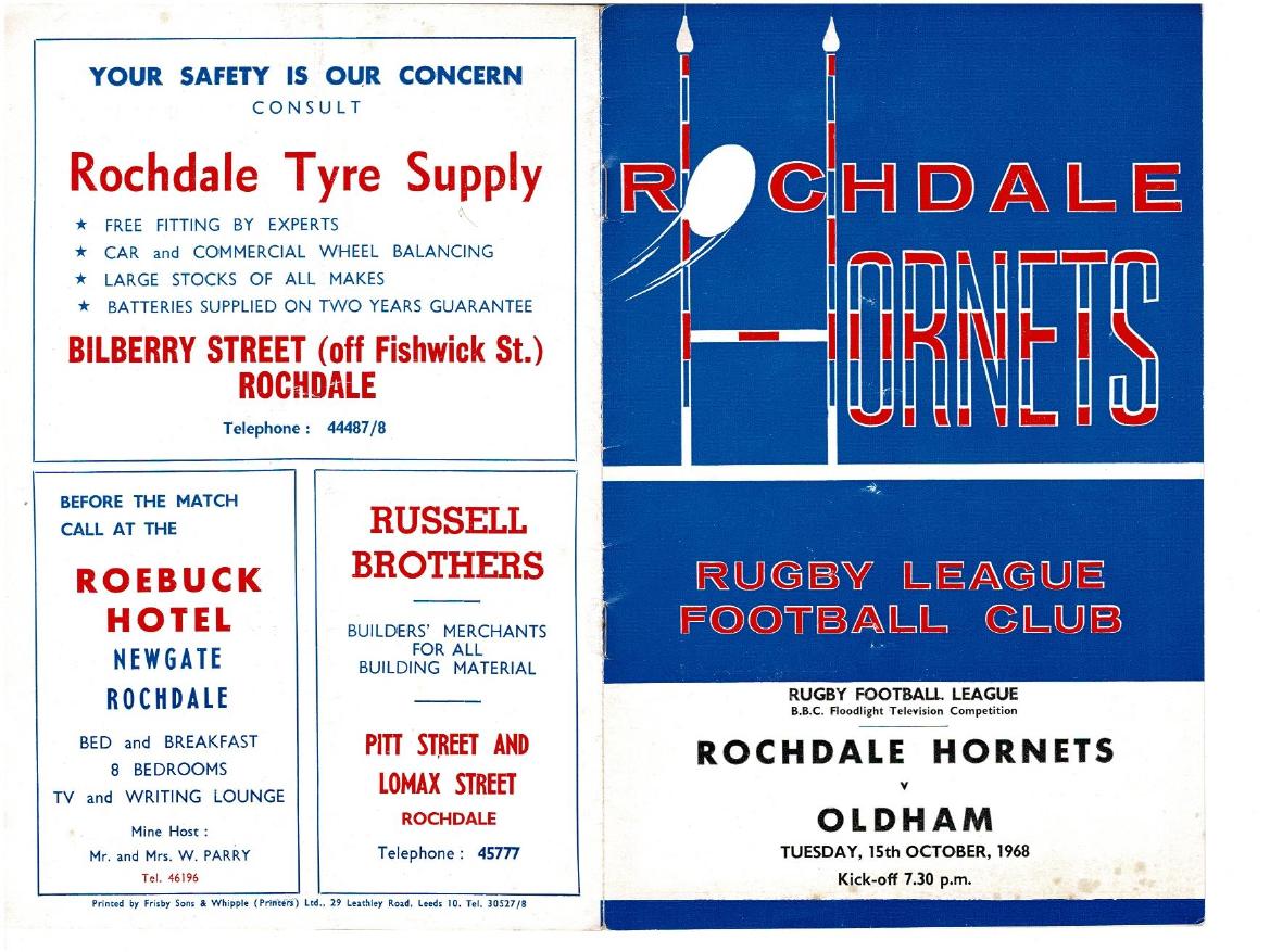 Programme cover: Oldham v Rochdale Hornets, 15 October 1968