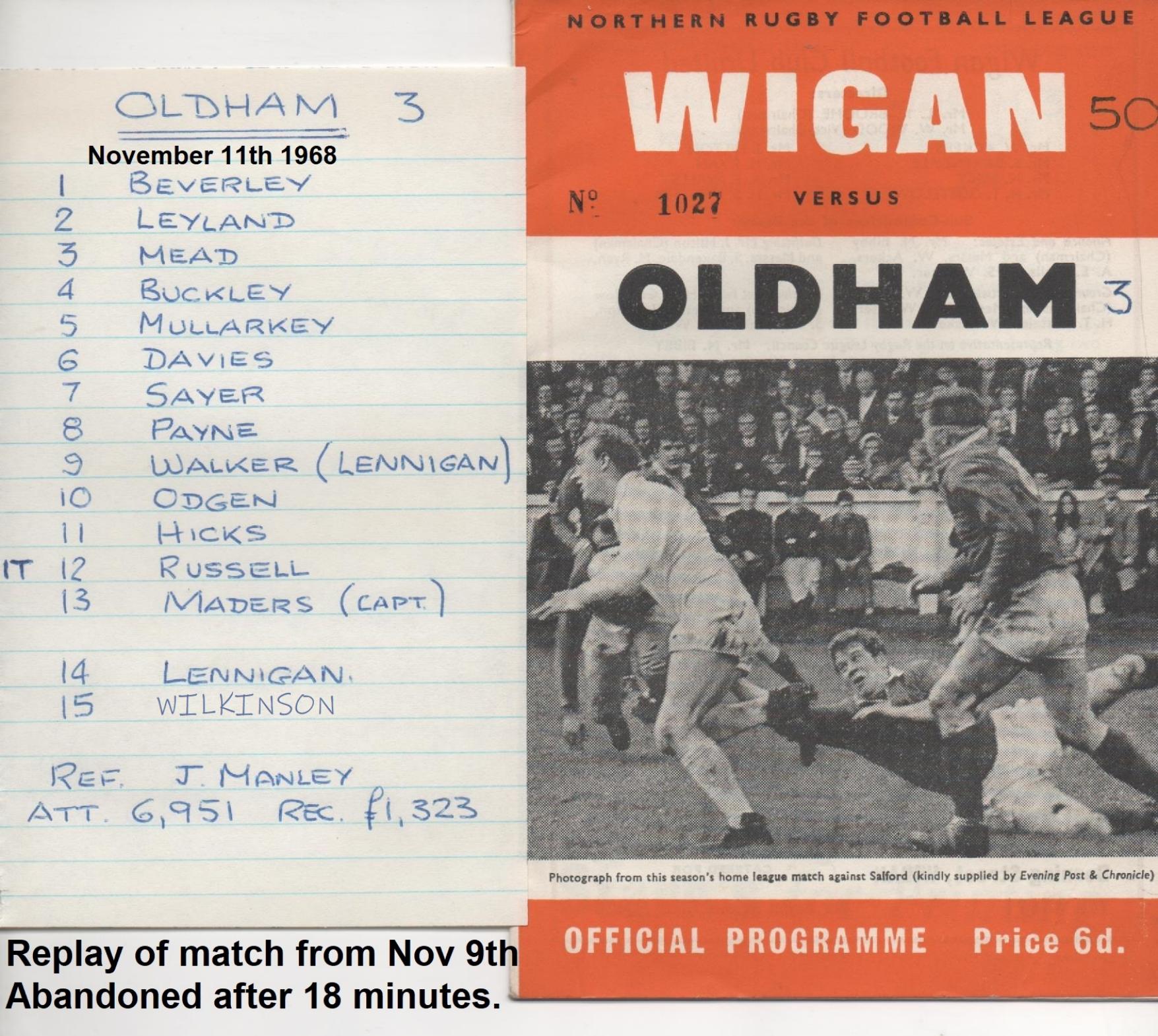 Programme cover: Oldham v Wigan, 11 November 1968