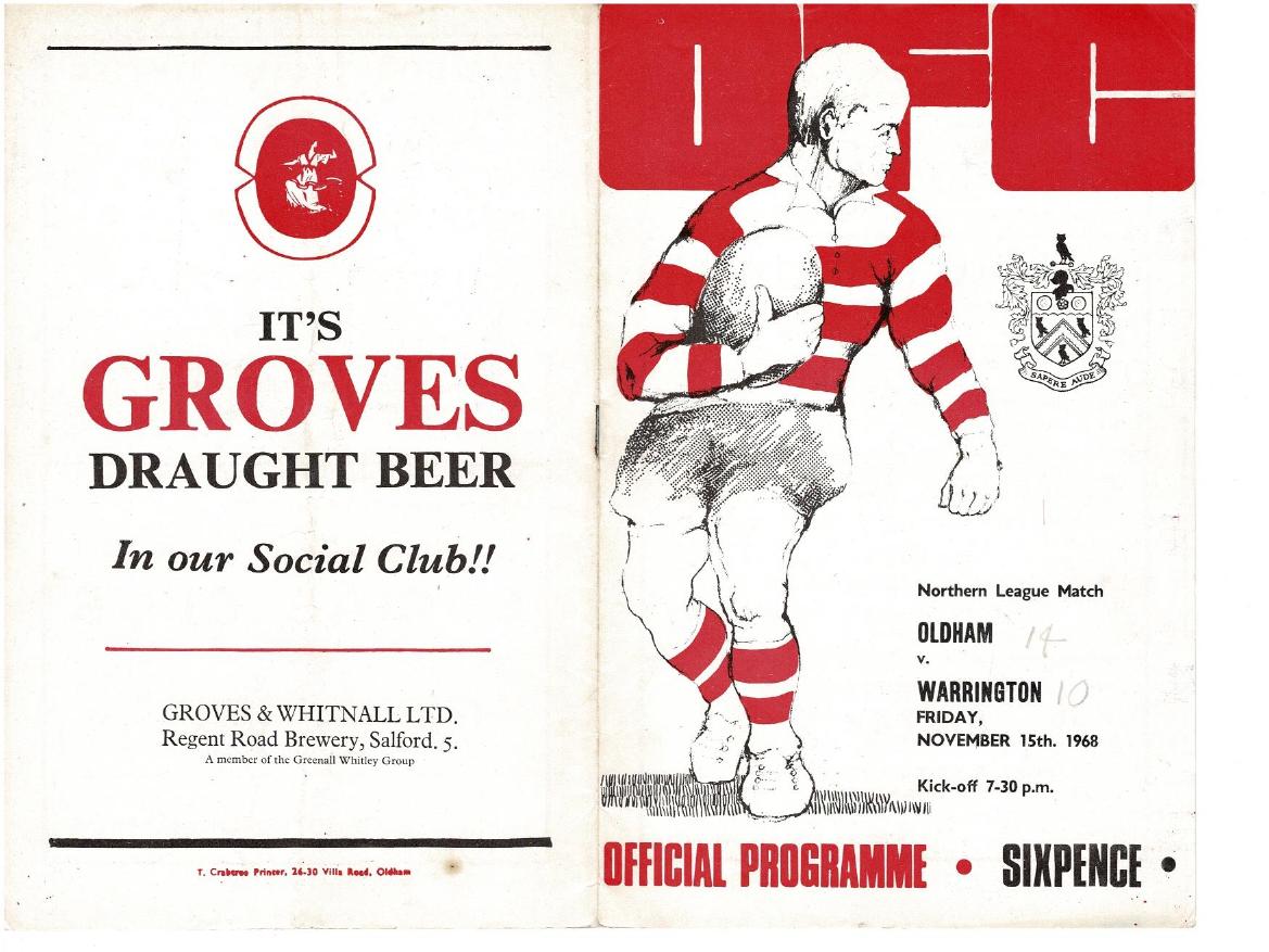 Programme cover: Oldham v Warrington, 15 November 1968