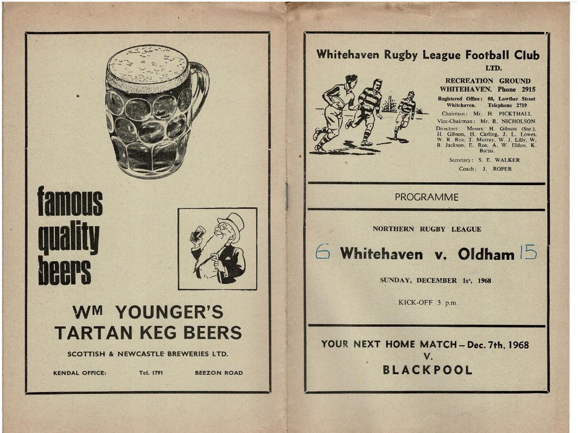 Programme cover: Oldham v Whitehaven, 1 December 1968