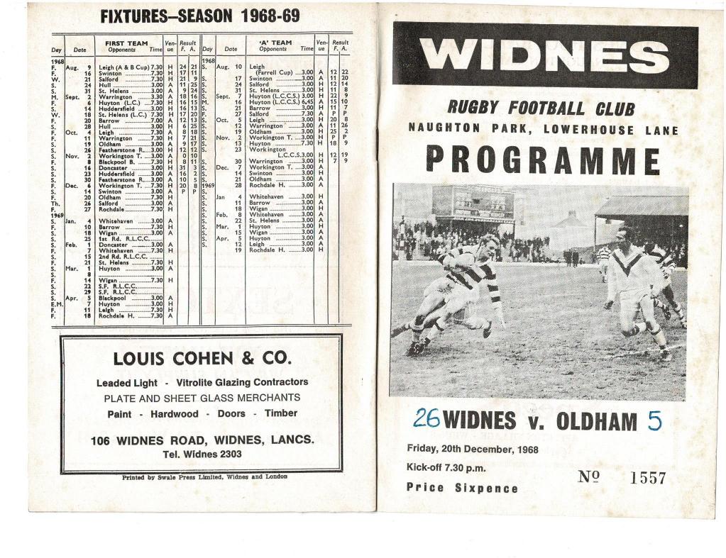 Programme cover: Oldham v Widnes, 20 December 1968