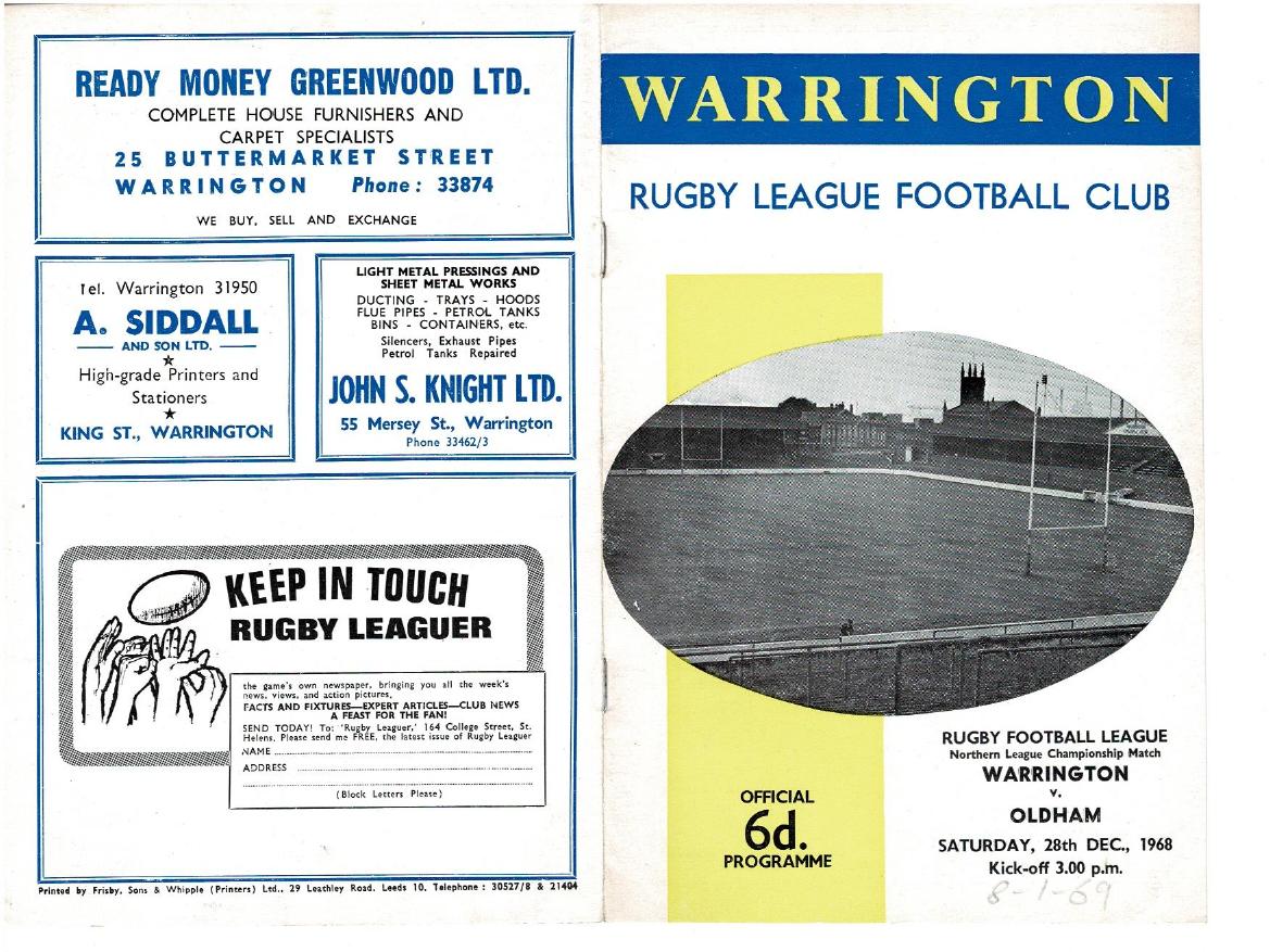 Programme cover: Oldham v Warrington, 8 January 1969