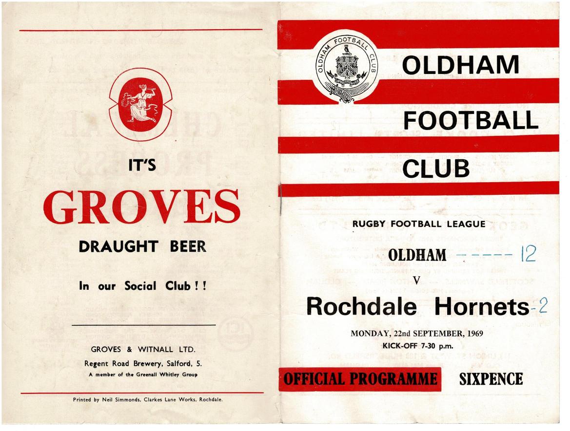 Programme cover: Oldham v Rochdale Hornets, 22 September 1969