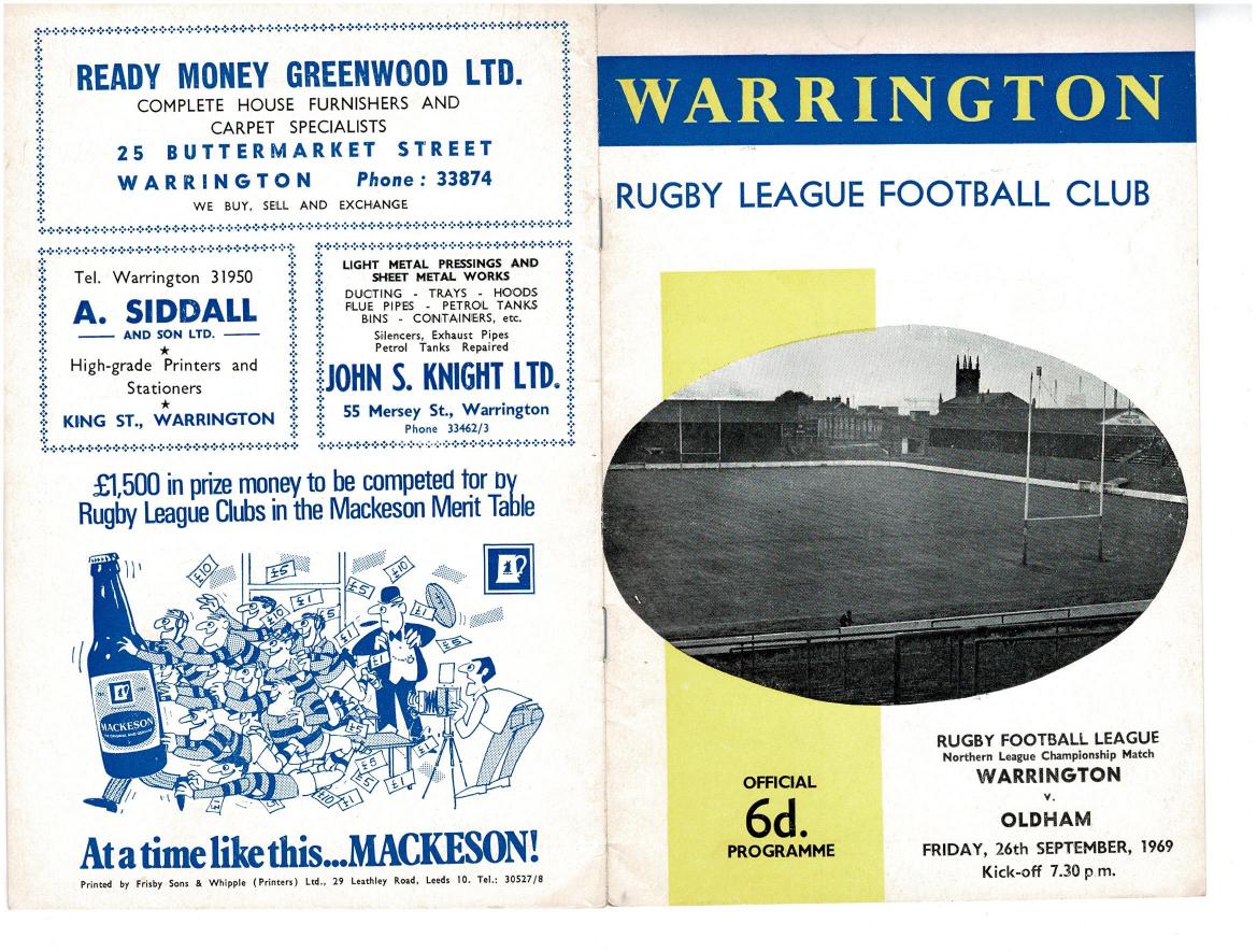 Programme cover: Oldham v Warrington, 26 September 1969