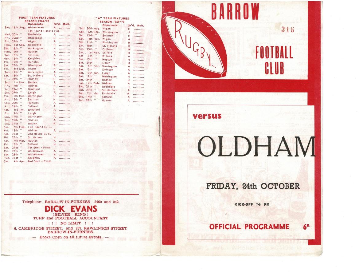 Programme cover: Oldham v Barrow, 24 October 1969