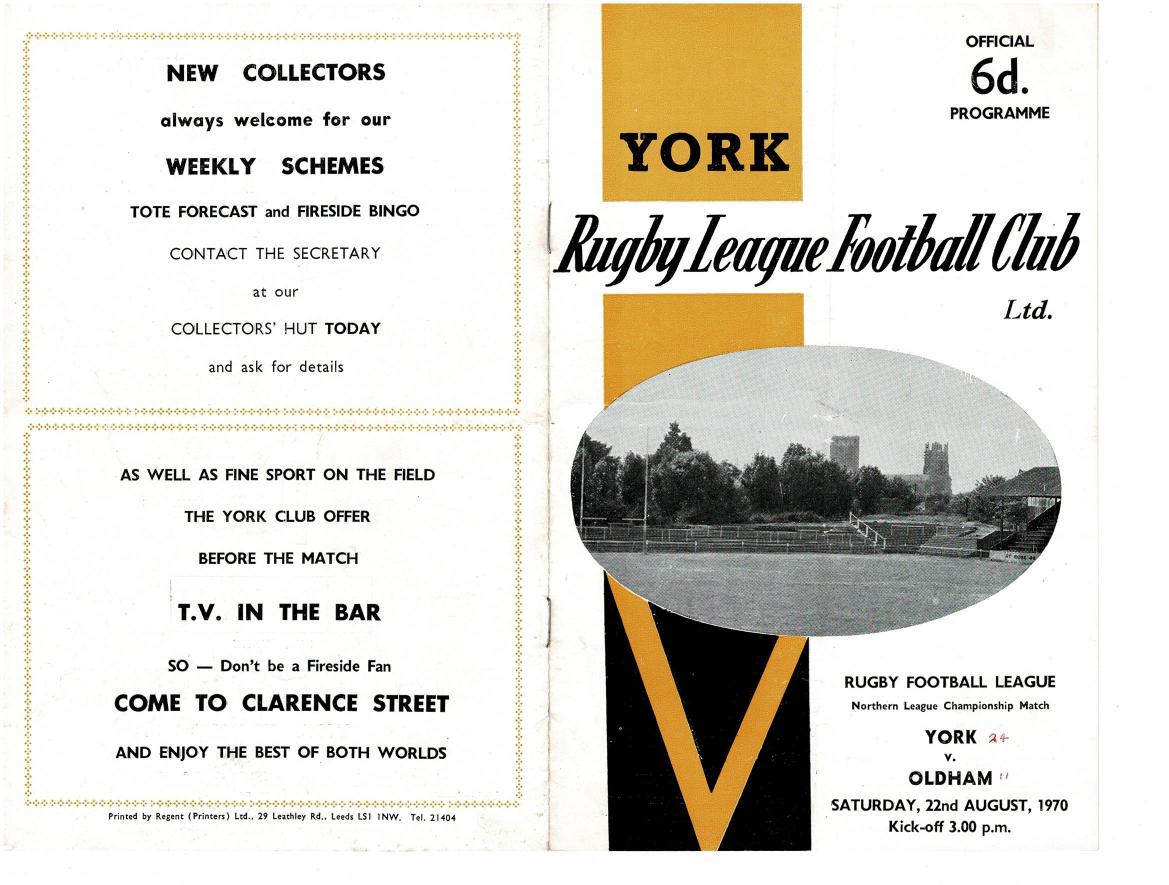 Programme cover: Oldham v York, 22 August 1970