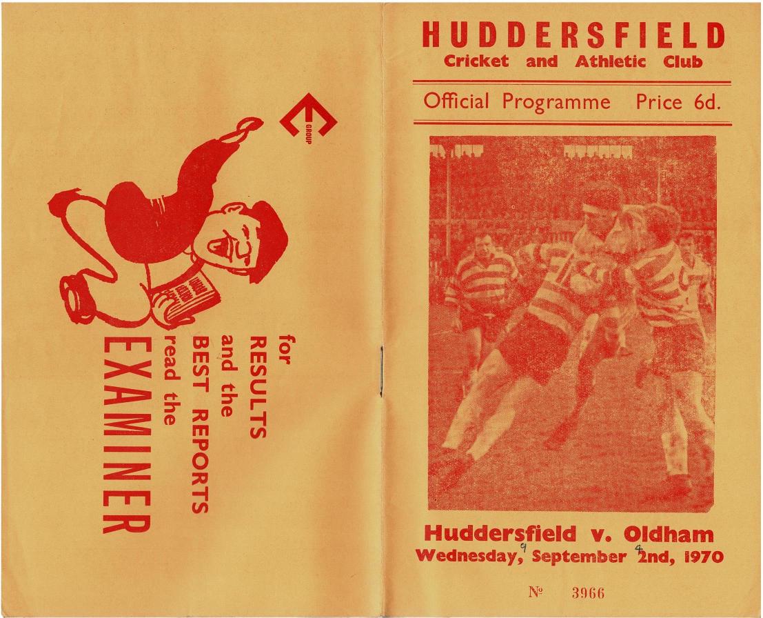 Programme cover: Oldham v Huddersfield, 2 September 1970