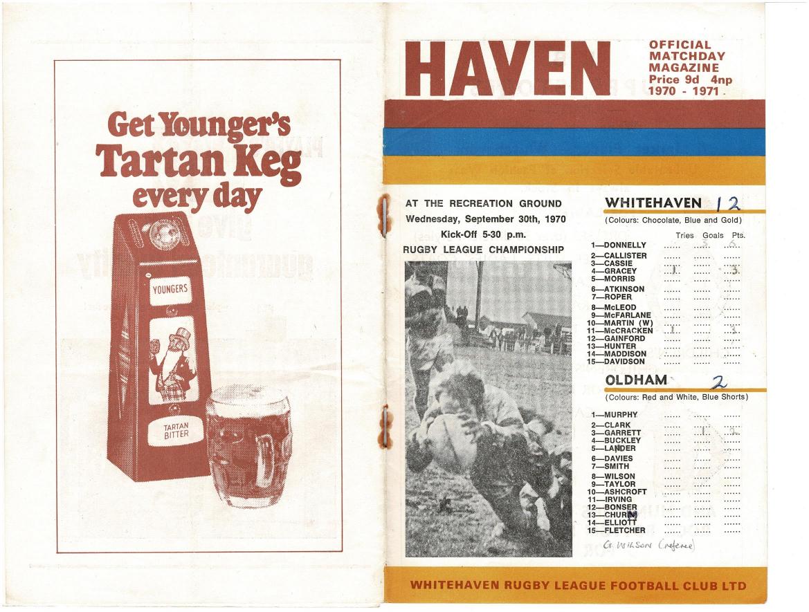 Programme cover: Oldham v Whitehaven, 30 September 1970