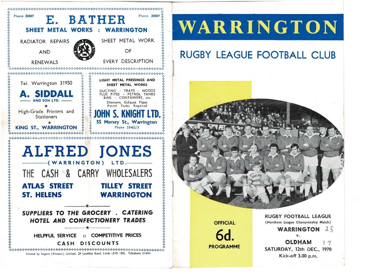 Programme cover: Oldham v Warrington, 12 December 1970