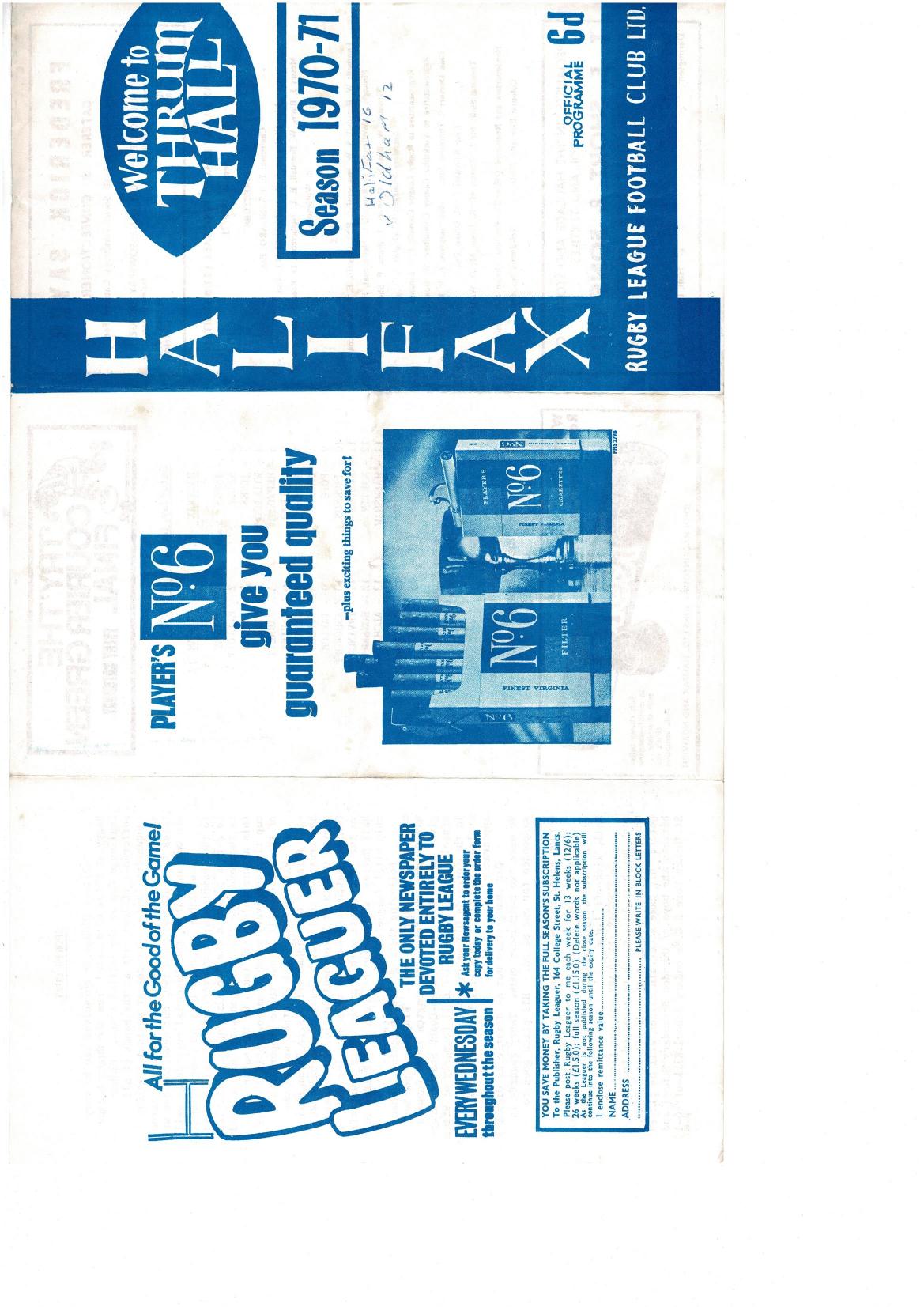 Programme cover: Oldham v Halifax, 30 January 1971