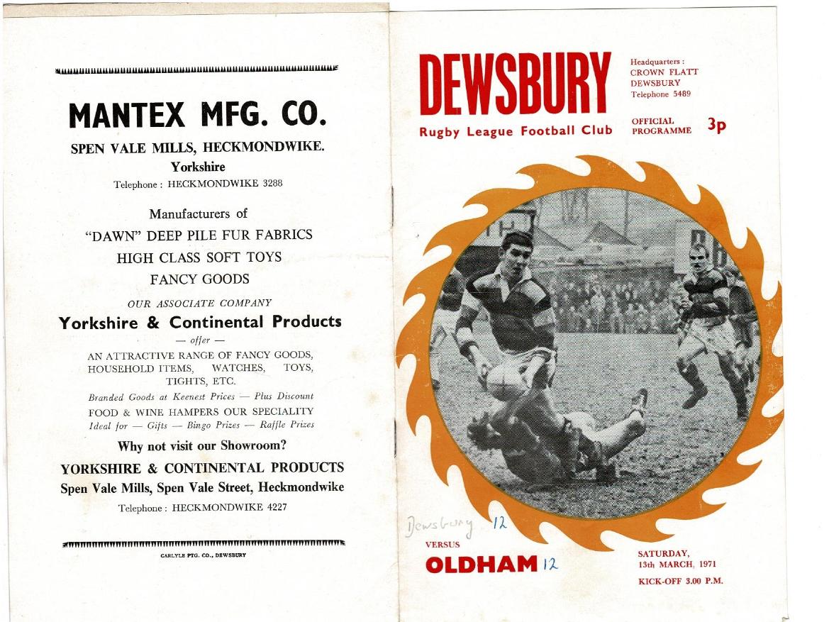 Programme cover: Oldham v Dewsbury, 13 March 1971