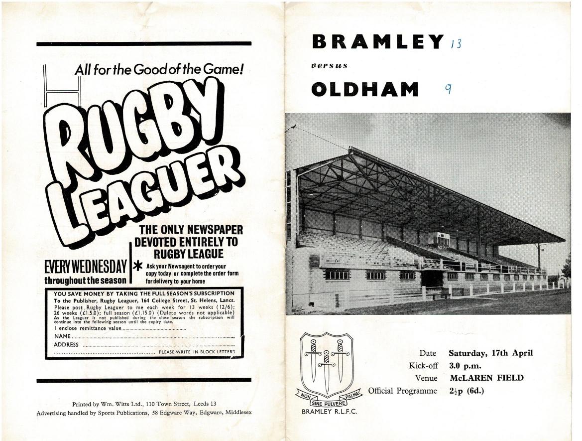 Programme cover: Oldham v Bramley, 17 April 1971