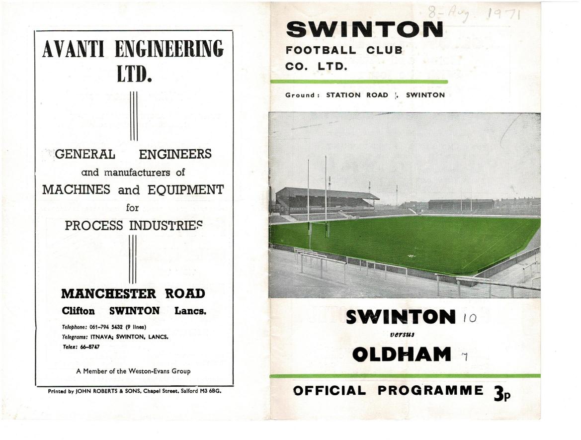 Programme cover: Oldham v Swinton, 8 August 1971
