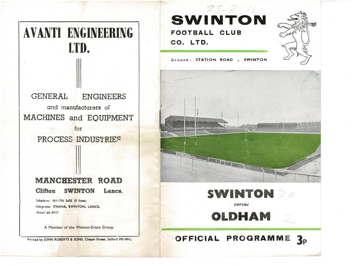 Programme cover: Oldham v Swinton, 25 August 1971