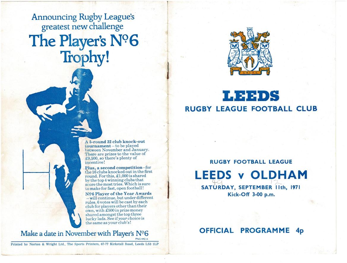 Programme cover: Oldham v Leeds, 11 September 1971