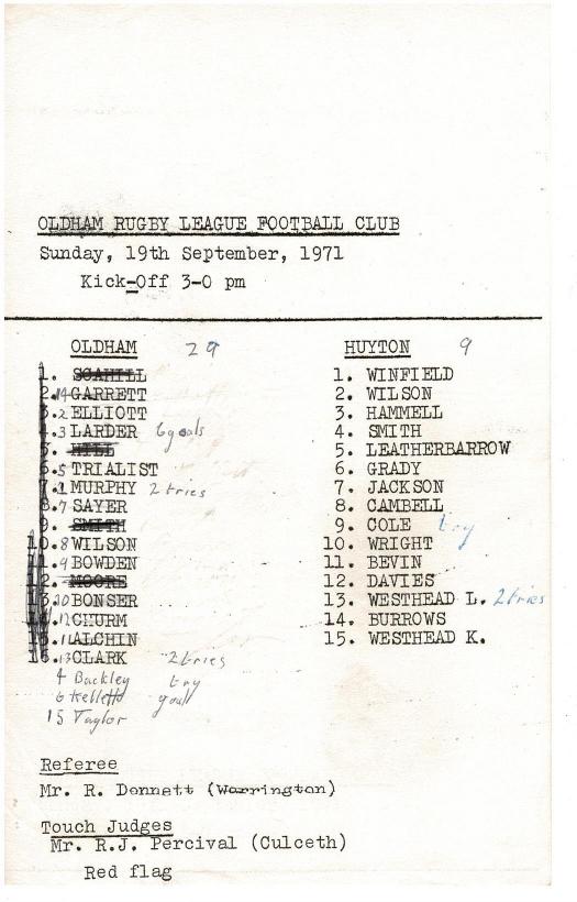 Programme cover: Oldham v Huyton, 19 September 1971