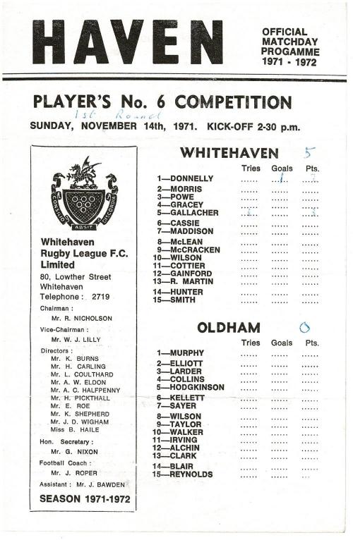 Programme cover: Oldham v Whitehaven, 14 November 1971