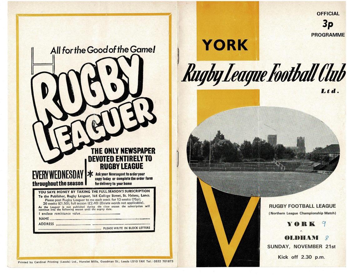 Programme cover: Oldham v York, 21 November 1971