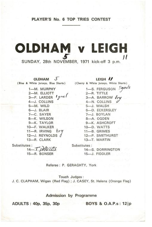 Programme cover: Oldham v Leigh, 28 November 1971