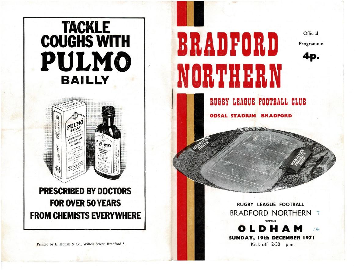 Programme cover: Oldham v Bradford Northern, 19 December 1971