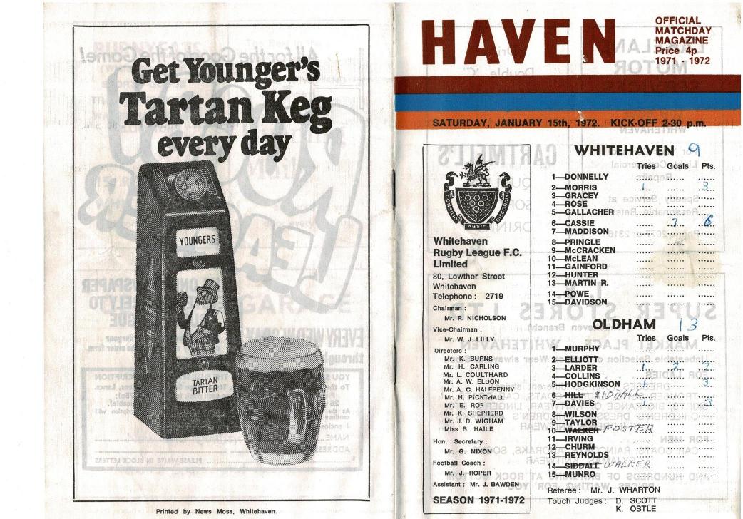 Programme cover: Oldham v Whitehaven, 15 January 1972