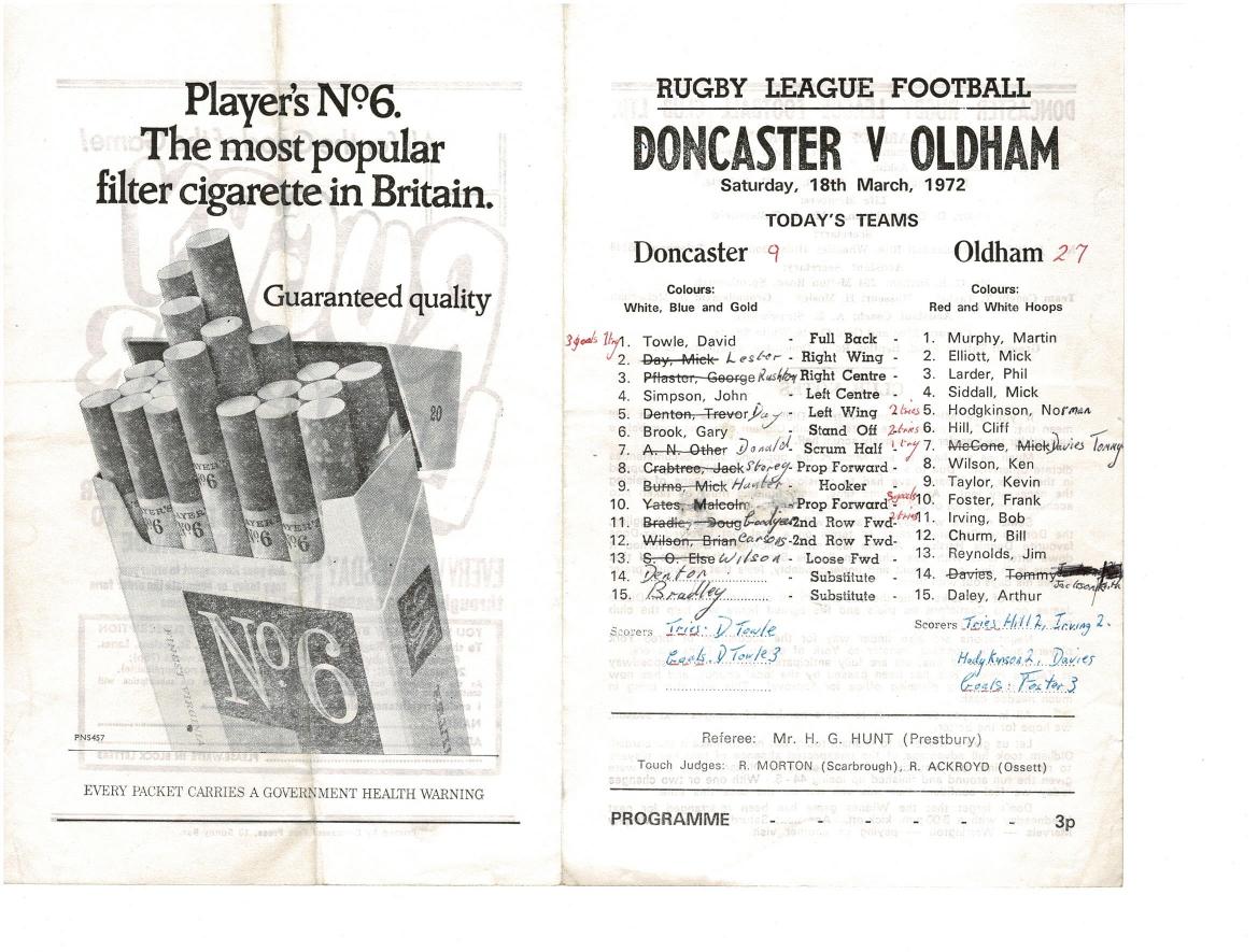 Programme cover: Oldham v Doncaster, 18 March 1972