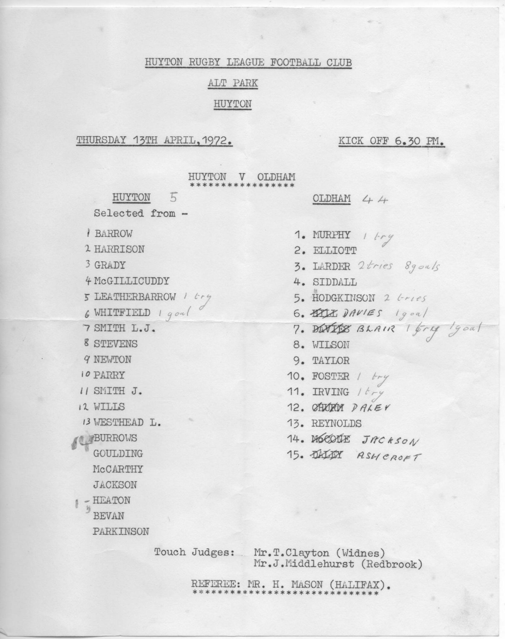 Programme cover: Oldham v Huyton, 13 April 1972