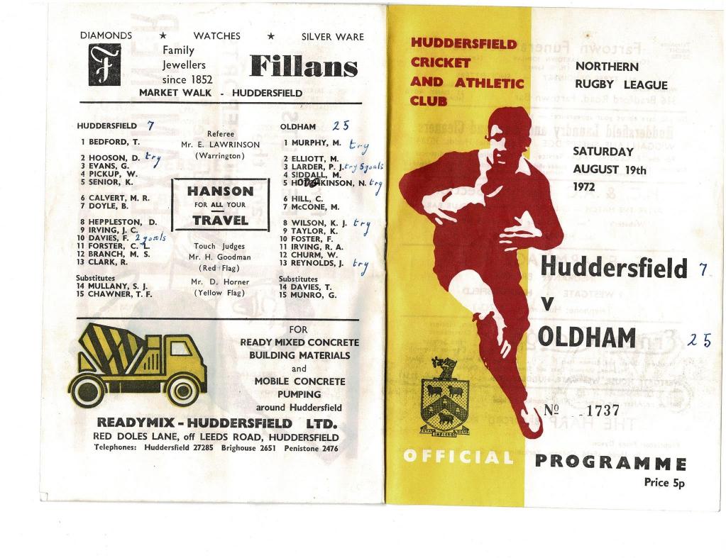 Programme cover: Oldham v Huddersfield, 19 August 1972