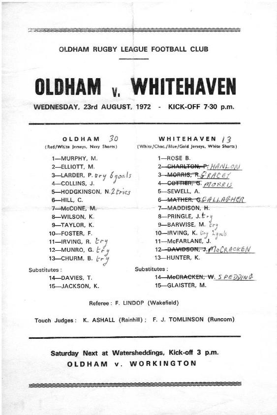Programme cover: Oldham v Whitehaven, 23 August 1972