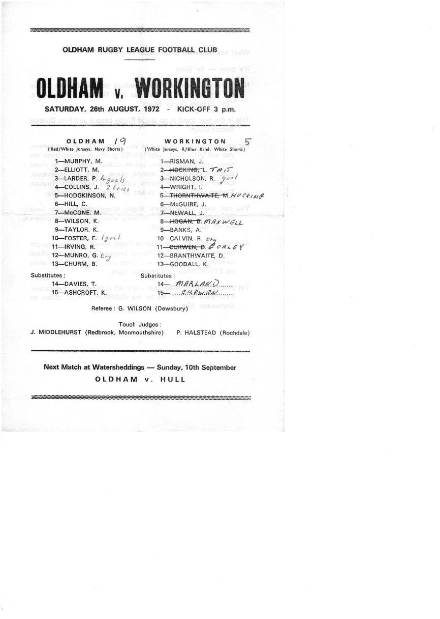Programme cover: Oldham v Workington Town, 26 August 1972