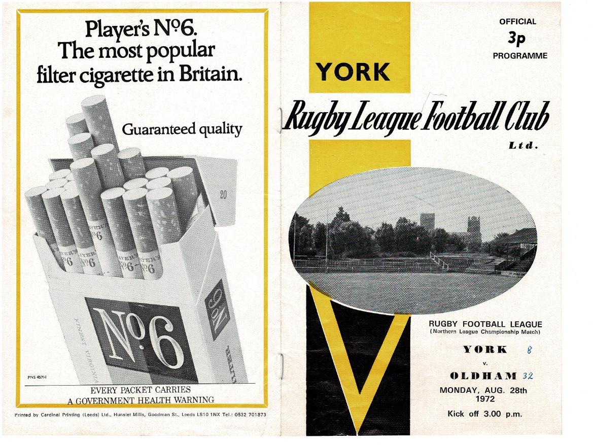 Programme cover: Oldham v York, 28 August 1972